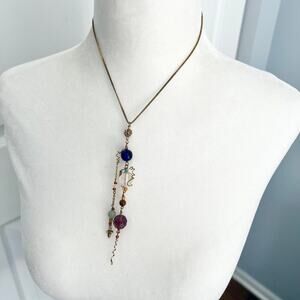 Funky vibrant multicolored hand made art glass bead wire gold tone long necklace